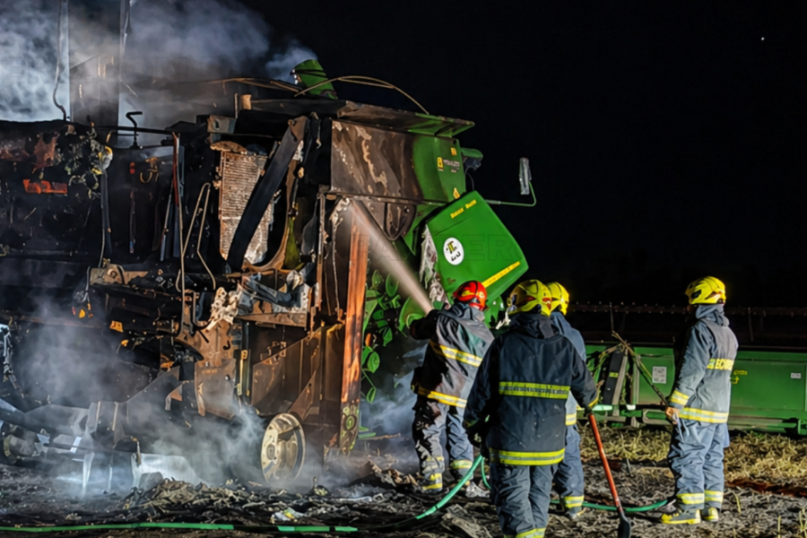 Incendio nocturno destruye una cosechadora cerca del Meridiano V